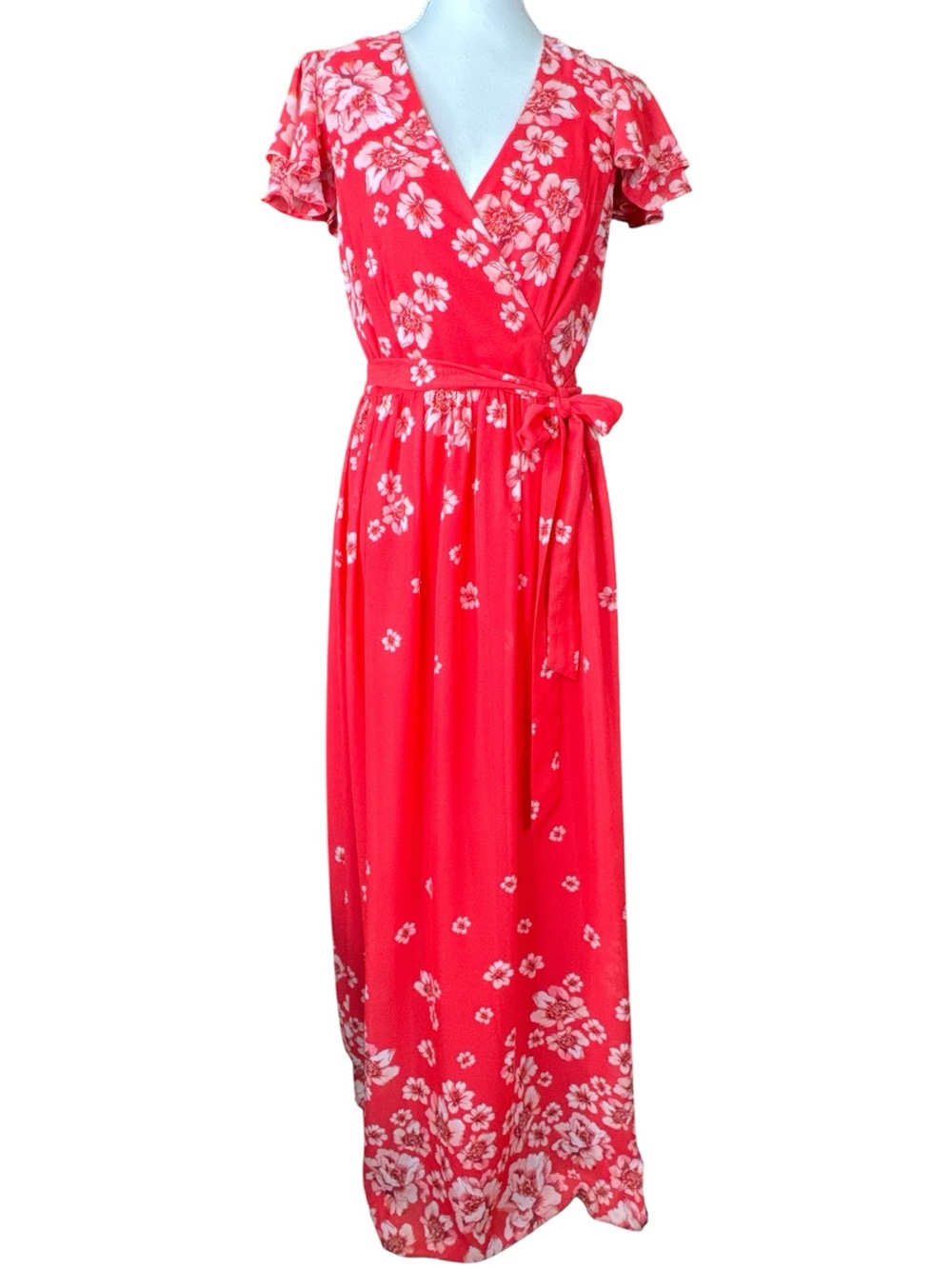 ELIZA J Floral Flutter Sleeve Faux Wrap Maxi Dress